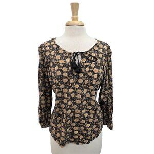 Lucky Brand Floral Print Peasant Top Blouse‎ Womens Large 3/4 Sleeve Brown Boho